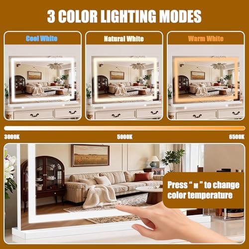 Vanity Mirror with Lights 32"x20", LED Makeup Mirror, 3 Color Lighting Modes - Image 3