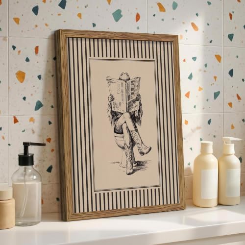 Vintage Western Wall Art, Cowgirl Sitting on Toilet Reading Newspaper Print - Image 2
