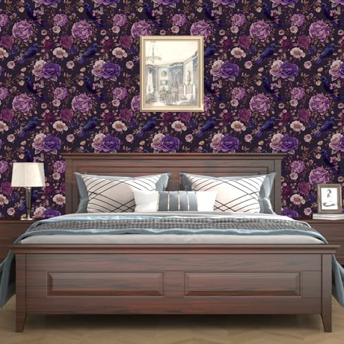 Laatse Gothic Dark Purple Crow Floral Wallpaper Peel and Stick 17.5"x118" - Image 2
