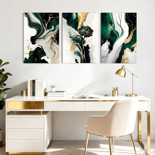 EJPFOGV Triptych Green and Gold Floral Wrapped Canvas Wall Art 16x24 in x3 - Image 3