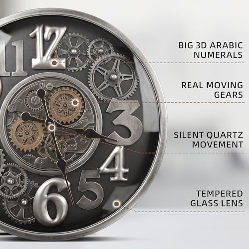 Moving Gear Wall Clock, 26 Inch Large Industrial Steampunk 3D Wall Decor - Image 5