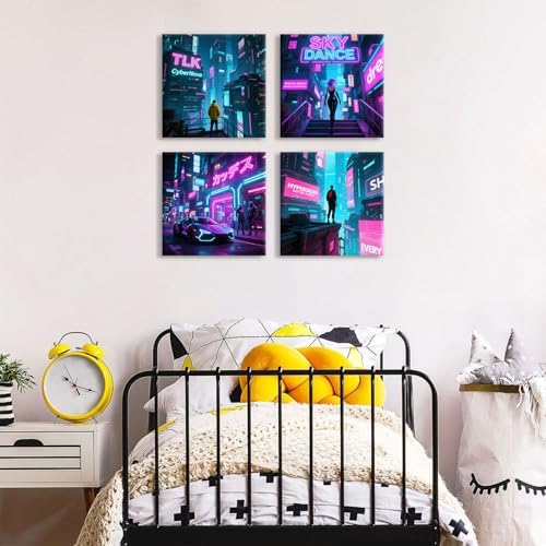 4 Piece Anime Wall Art Boy Room Wall Decor Purple Cyberpunk Canvas Decor - Image 4