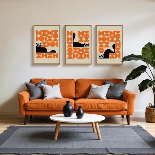 HOURIA Mid Century Geometric Black Cat Framed Canvas Wall Art Set, Abstract - Image 2