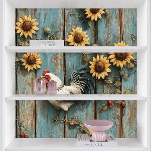 Sunflowers Rooster Peel and Stick Wallpaper 17.3"x78.7" Wood Vintage Non-Woven - Image 4