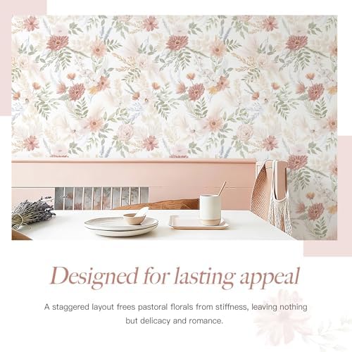Dimoon Pink Floral Peel and Stick Wallpaper Modern Beige Contact Paper - Image 2