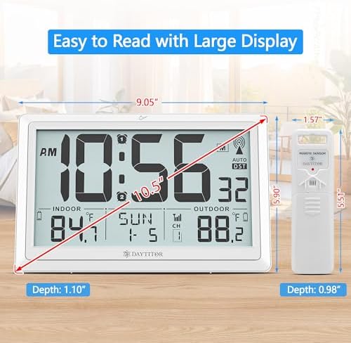Atomic Clock Wall with Indoor/Outdoor Temp & 10.5" Large LCD Display - Image 2