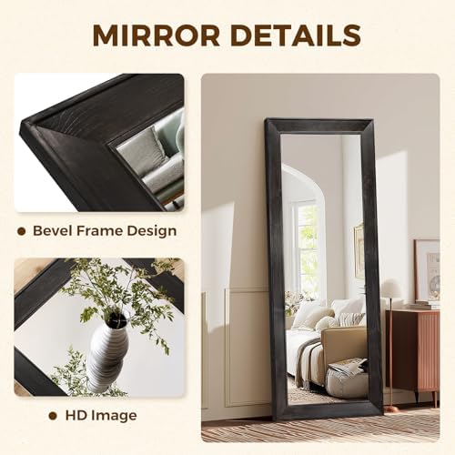 58x22in Full Length Mirror, Rustic Black Beveled Wood Frame - Image 3