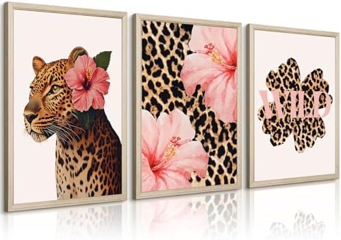 Trendy Leopard Wall Art Pink Cheetah Print Room Decor Leopard Flower Canvas by Unknown