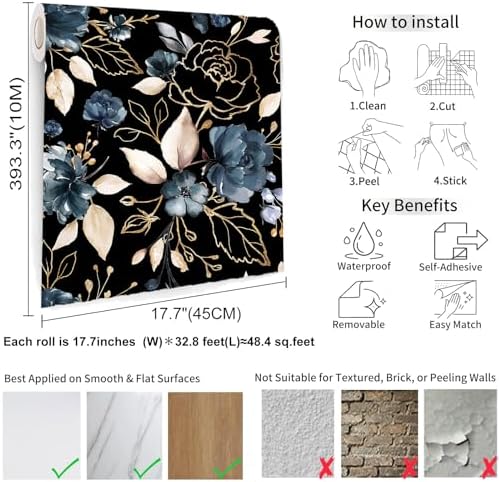 Black Gold Floral Peel and Stick Wallpaper 17.7"x393.3" - Image 6