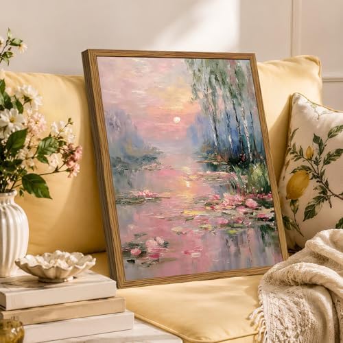 Framed Vintage Monet Canvas Wall Art, Impressionist Sunset Landscape Paintings - Image 3