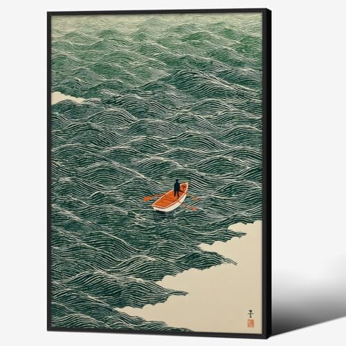 Vintage Japanese Canvas Wall Art Emerald Green Boat At Sea Posters Minimalist by Unknown
