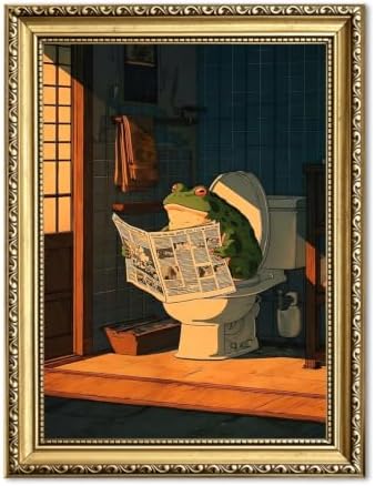 Funny Frog Bathroom Wall Art Cute Japanese Frog on Toilet Reading Newspaper by Unknown