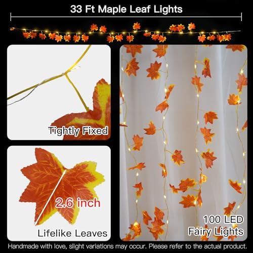 suddus 33FT 100 LED Maple Leaf String Lights Battery Operated Copper Wire - Image 6