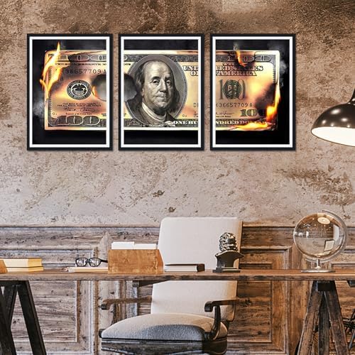 Modern Money Benjamin Franklin Canvas Wall Art Black Framed Painting 3 Panels - Image 3