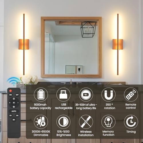 LED Battery Operated Wall Sconces, 11000mAh Faux Wood Texture Finish Wireless - Image 2