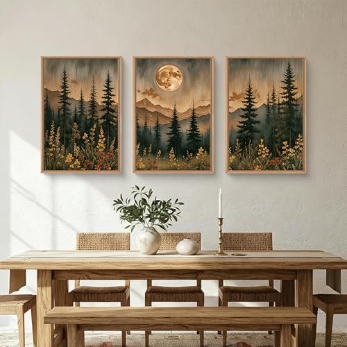 Vintage Moonlight Forest Mountain Framed Canvas Wall Art Set- 24"x36"x3 - Image 3