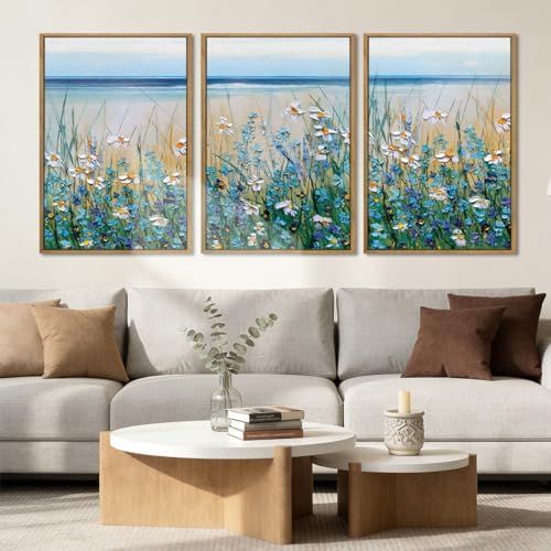 Extra Large Blue Floral Wall Art Framed Artwork by BINCUE