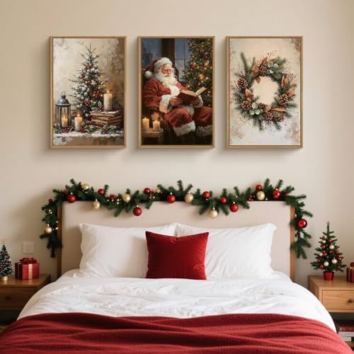 HOURIA Vintage Christmas Tree Santa Claus Framed Canvas Wall Art Set, Rustic - Image 5