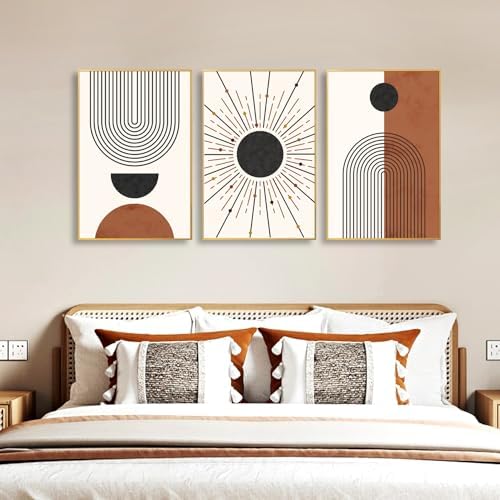 Ausril Minimalist Boho Framed Canvas Wall Art Set, Neutral Geometric Line Sun - Image 4