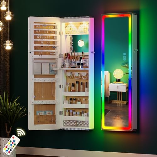 HNEBC Full Length Mirror with Storage, Wall Mounted Jewelry Cabinet with RGB by HNEBC