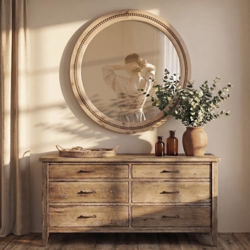 Solid Wood 30 Inch Round Beaded Vanity Wall Mirror, Natural Wood - Image 6
