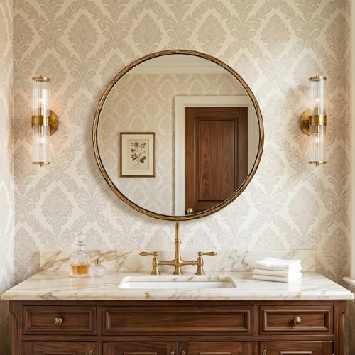 ANDY STAR 28 Inch Hand-Forged Gold Mirrors, Antique Brass Round Hammered Mirror by ANDYSTAR