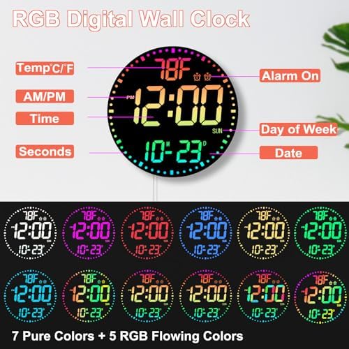 QINFIEY Large 12" RGB Color Changing Digital Wall Clock - Image 4