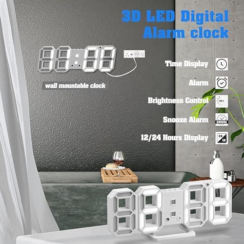 3D LED Digital Wall Desk Alarm Clock 9.5 Inch, 3 Brightness 12/24H Temp White - Image 2