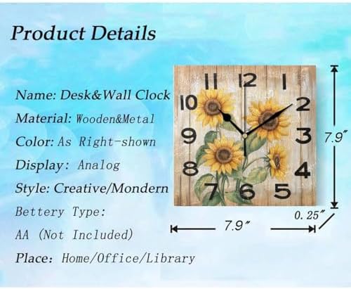 8 Inch Square Wall Clock, Retro Board Blooming Sunflowers Non Ticking Battery - Image 3