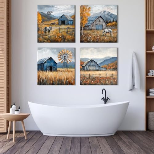 Farmhouse Kitchen Decor Mountain Wall Art Rustic Barn Windmill Pictures Autumn - Image 2