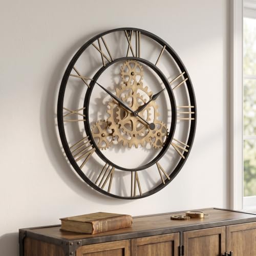 Cuspin 30 Inch Large Wall Clock Black Gold Roman Numeral Gears Wall Clock - Image 4