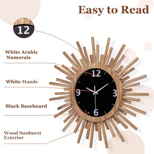 Honiway 24 Inch Large Wall Clock, Battery Operated, Rustic Wood Boho Sunburst - Image 4