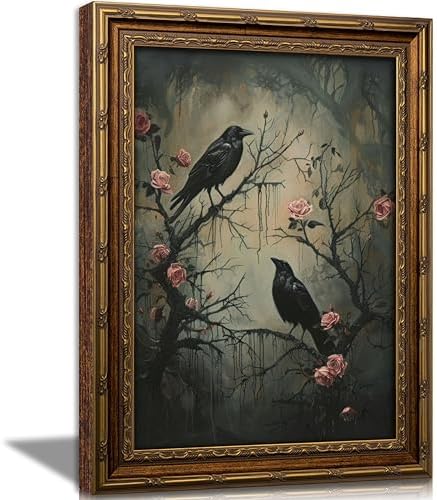 Vintage Gold Framed Raven Canvas Wall Art Dark Academia Gothic Painting Picture by Gothicart