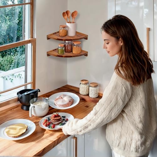 Demigo Round Floating Corner Shelves, Natural Acacia Wall Shelf - Image 2