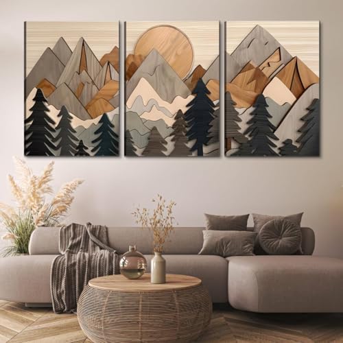 Set of 3 Mountain canvas Wall Art Large Forest Wall Decor pictures Woodcut - Image 2