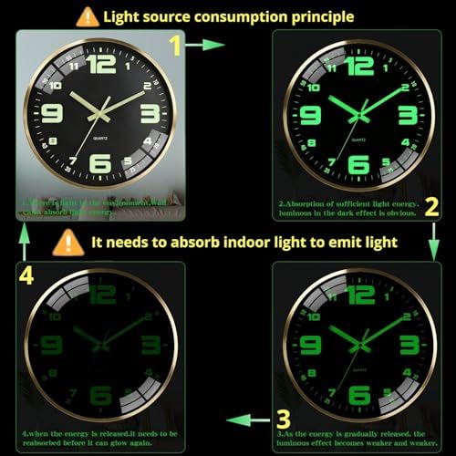 Wall Clock 12 Inch Luminous Silent Large Numerals Black, Metal Frame 1-Pack - Image 5