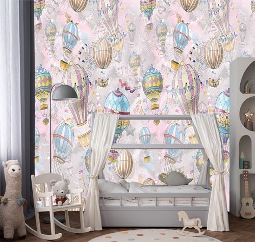 -Cartoon Pink hot air Balloon Nursery Backdrop Large Fabric Wallpaper Kids by YIHWM-PurchaseNow