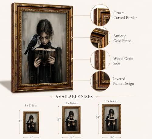 Vintage Gold Framed Girl Reading Book Canvas Wall Art Dark Academia Gothic - Image 2