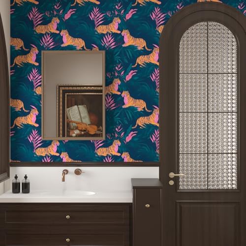 BOKEBEVE Tropical Tiger Wallpaper Peel and Stick Green Pink 17.5 x 118In - Image 2