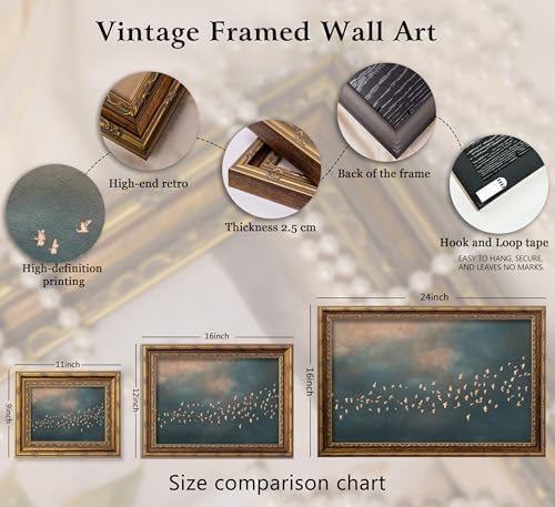 Vintage Gold Framed Flock of Birds in Flight Wall Art, Abstract Teal and Blush - Image 6