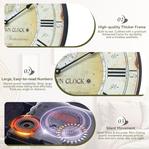 24 Inch Large Farmhouse Wall Clock, Silent Non-Ticking Battery Operated Wall - Image 3