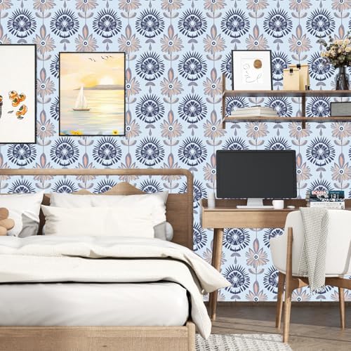 BOKEBEVE Boho Floral Peel and Stick Wallpaper Light Blue 17.5 x 118In - Image 4