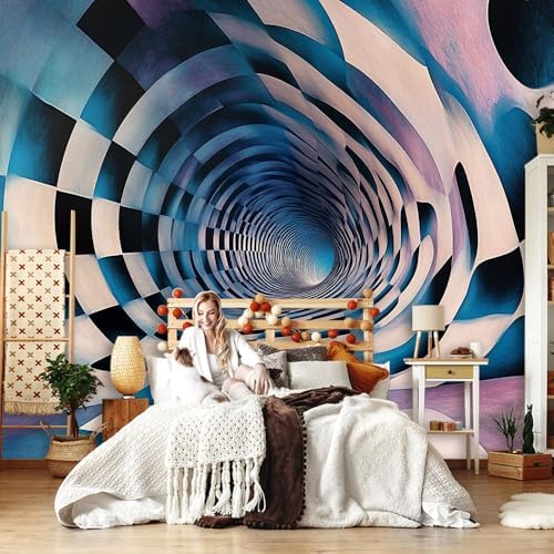 Blue Black White 3D Art Wall Mural Wallpaper Checkered Illusion Tunnel Op Art - Image 3