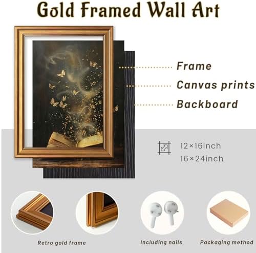 Vintage Gold Framed Dark Academia Wall Art, Victorian Book Butterfly Pictures - Image 2