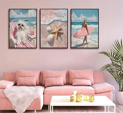 Uofnvrji 3Pcs Pink Beach Preppy Wall art Retro Beach seashell and starfish - Image 2