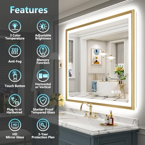 44x36 Gold Beveled LED Lighted Bathroom Mirror, Backlit & Front Lit - Image 2