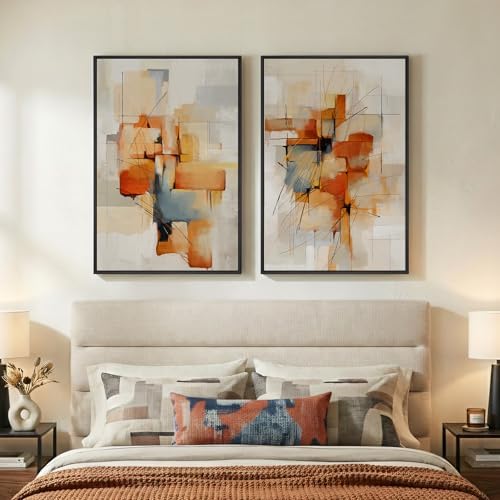 Large Framed Blue Orange Block Abstract Wall Art - Image 2