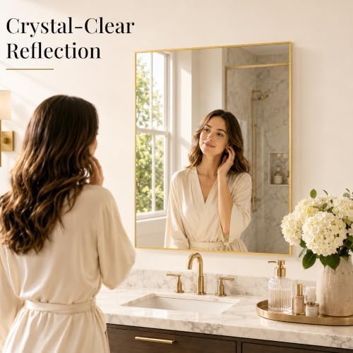 30"x36" Brushed Gold Framed Rectangle Bathroom Vanity Wall Mirror - Image 3