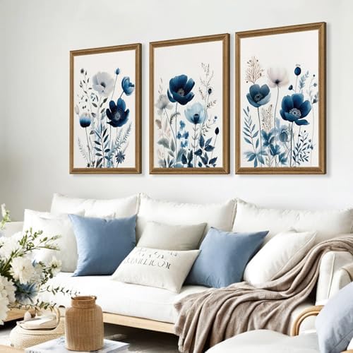 DUWQU Triptych Navy Blue Watercolor Botanical Floral Wall Art 20x30 in x3 - Image 5