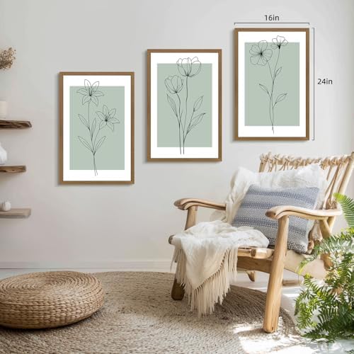LERVR Wood Framed Minimalist Botanical Wall Art Set of 3, Modern Line Flower - Image 3